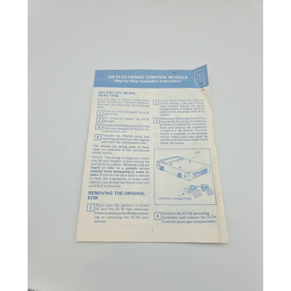 GM Electronic Control Module Instructions w/Codes ECM-15, GM ECM, TBI, PFI, SFI